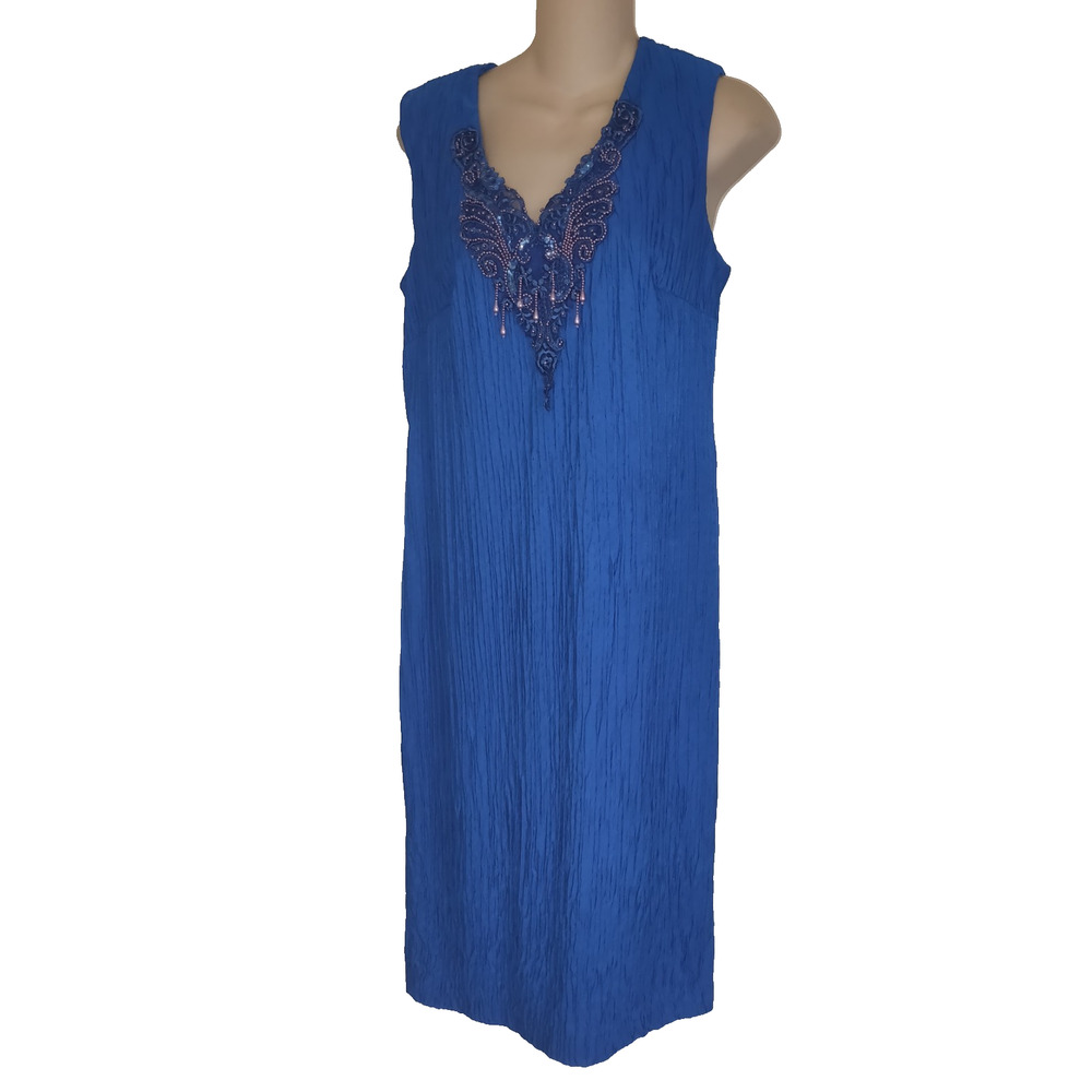 David Rose Maxi Dress Womens 12 Royal Blue Crinkle Material Beaded Embellished